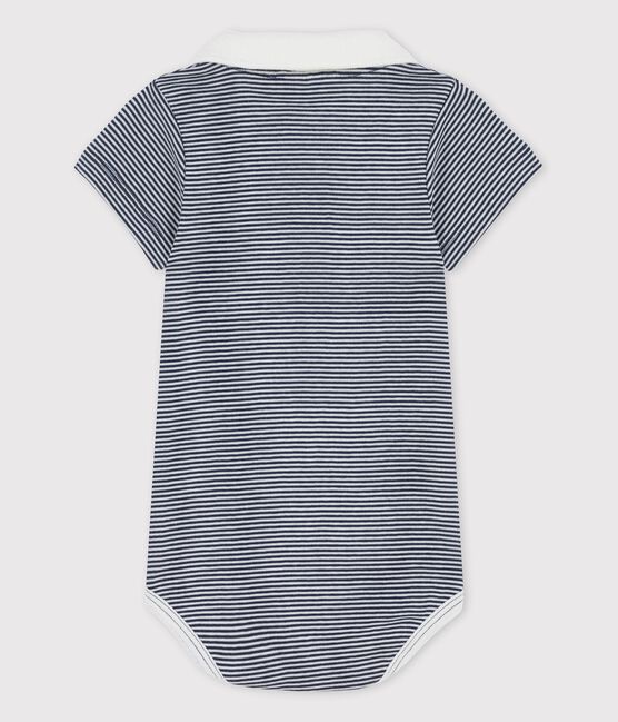 Babies' Organic Cotton Pinstriped Bodysuit With Polo Shirt Collar SMOKING blue/MARSHMALLOW white
