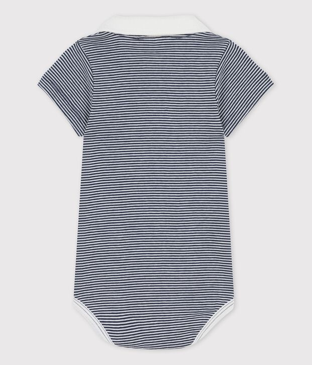 Babies' Organic Cotton Pinstriped Bodysuit With Polo Shirt Collar blue/white