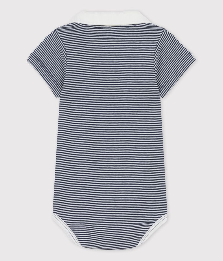 Babies' Organic Cotton Pinstriped Bodysuit With Polo Shirt Collar blue/white