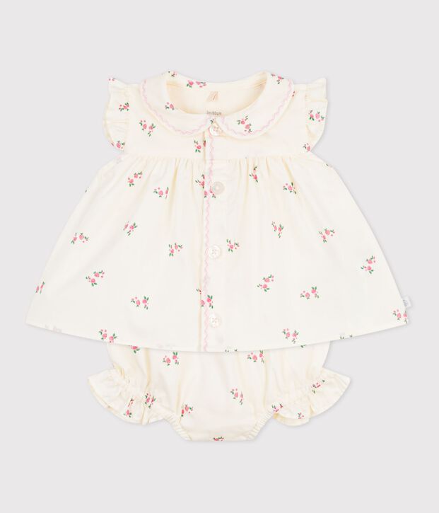 Babies' 2-piece cotton outfit, comprising  blouse and bloomers with a floral print Ecru/multicolor