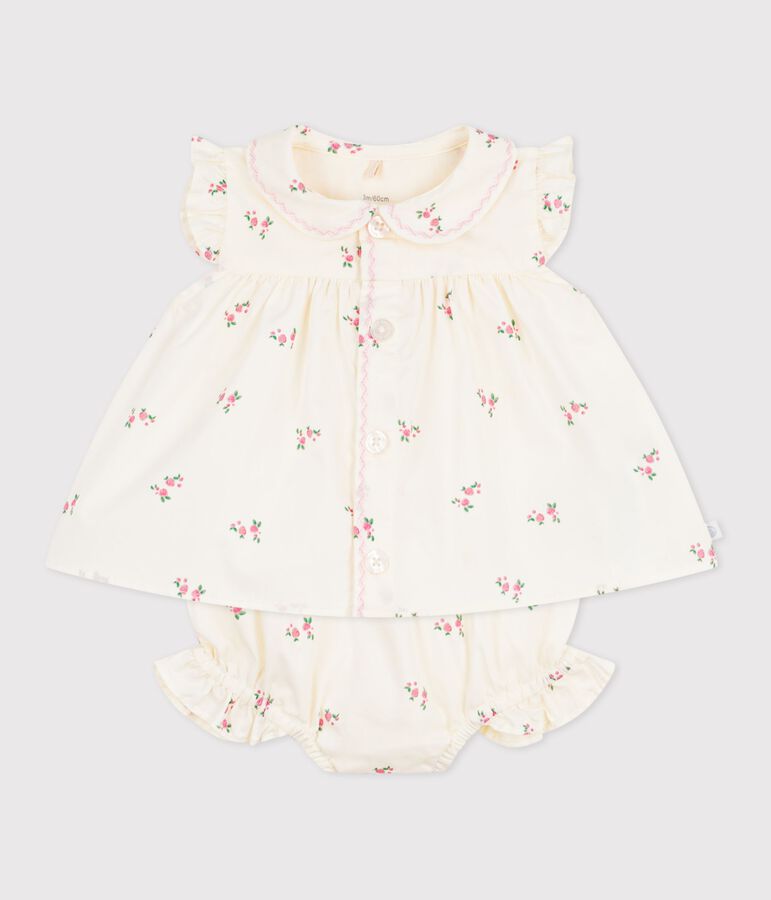 Babies' 2-piece cotton outfit, comprising  blouse and bloomers with a floral print MILK /MULTICO