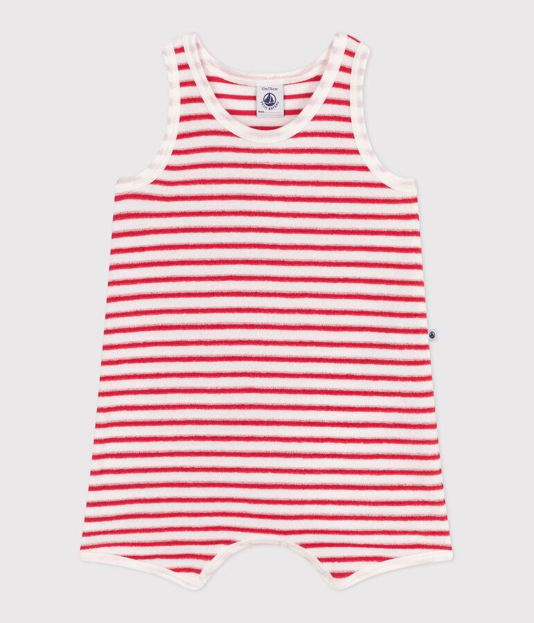 Babies' short stripy cotton jumpsuit white/red