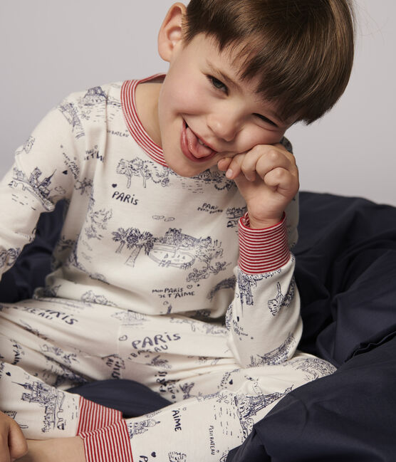 Boys' Toile de Jouy Paris Cotton Pyjamas MARSHMALLOW white/MEDIEVAL blue
