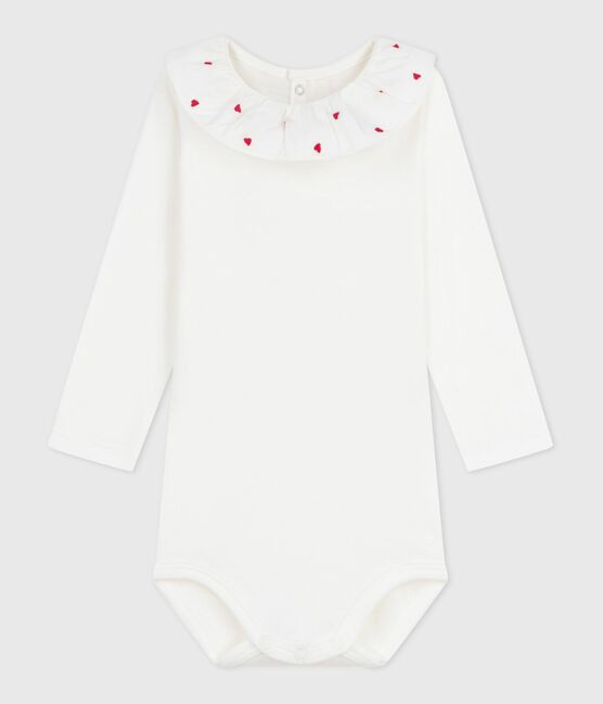 Babies' plain cotton body with an embroidered collar MARSHMALLOW white