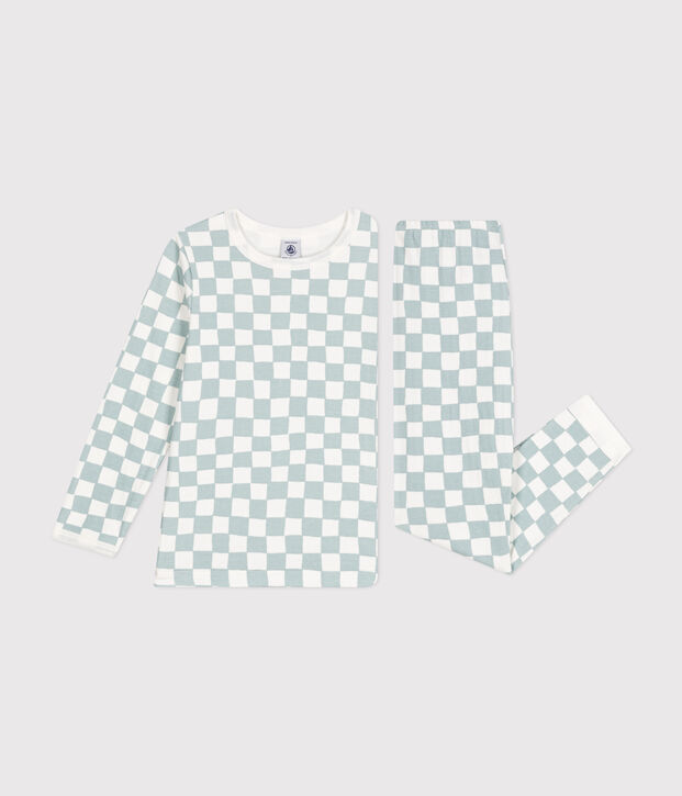 Children's chequer print cotton pyjamas white/green