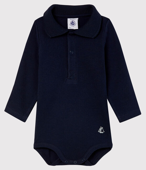 Babies' Long-Sleeved Cotton Bodysuit With Polo Shirt Collar SMOKING blue