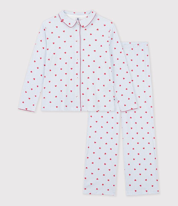 Women's buttoned stripe and heart print cotton pyjamas white/multicolor