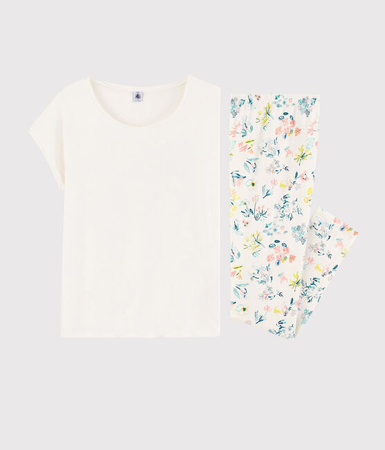 Girls'/Women's Spring Floral Pattern Cotton Pyjamas MARSHMALLOW white/MULTICO white