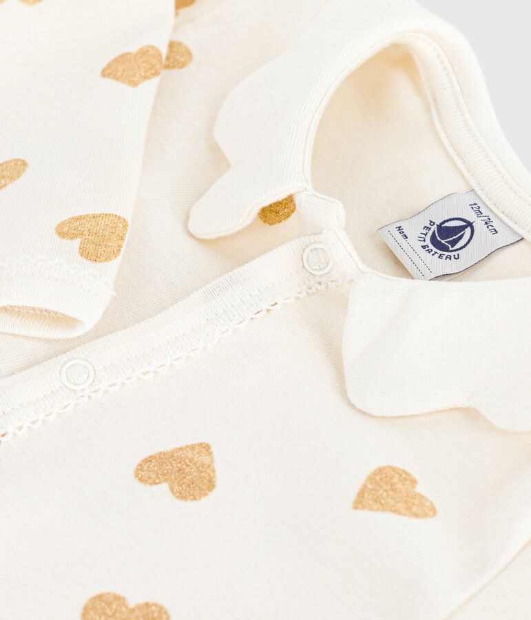 Baby cotton pajamas without feet with gold glitter heart print Ecru/yellow