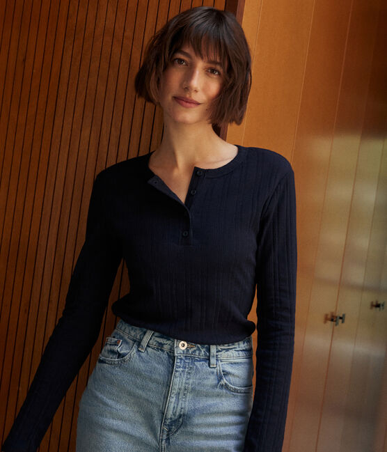 Women's plain drop needle rib knit t-shirt with long sleeves and a grandad neckline SMOKING blue
