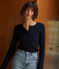 Women's plain drop needle rib knit t-shirt with long sleeves and a grandad neckline SMOKING blue