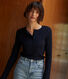 Women's plain drop needle rib knit t-shirt with long sleeves and a grandad neckline