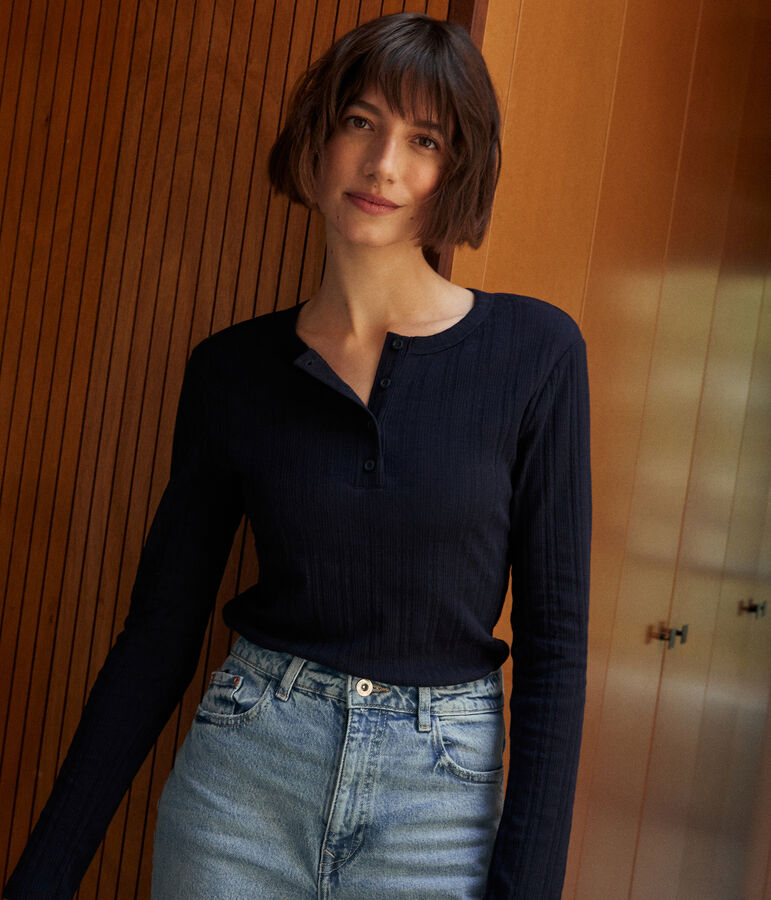 Women's plain drop needle rib knit t-shirt with long sleeves and a grandad neckline blue