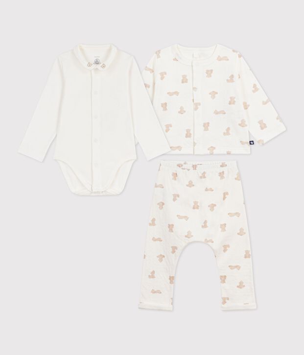 Babies' long two-piece teddy bear print set in cotton white/BRUN