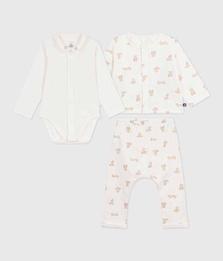 Babies' long two-piece teddy bear print set in cotton MARSHMALLOW /BRUN