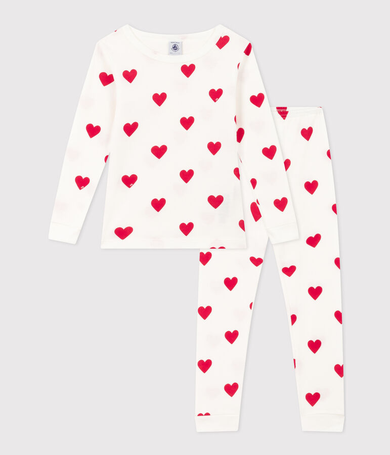Girls' Snugfit Heart Patterned Cotton Pyjamas MARSHMALLOW white/TERKUIT red