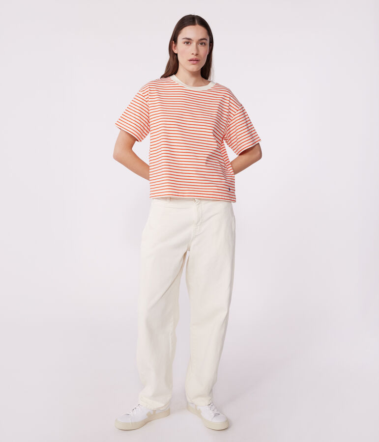 The Boxy stripy cotton T-Shirt for women Ecru/red