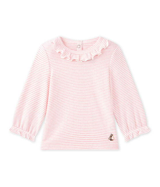 Baby girls' striped T-shirt MARSHMALLOW white/PETAL pink