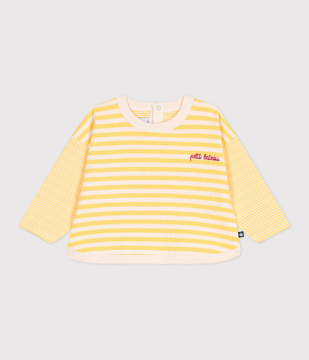 Babies' long sleeved stripy cotton T-shirt yellow/ecru
