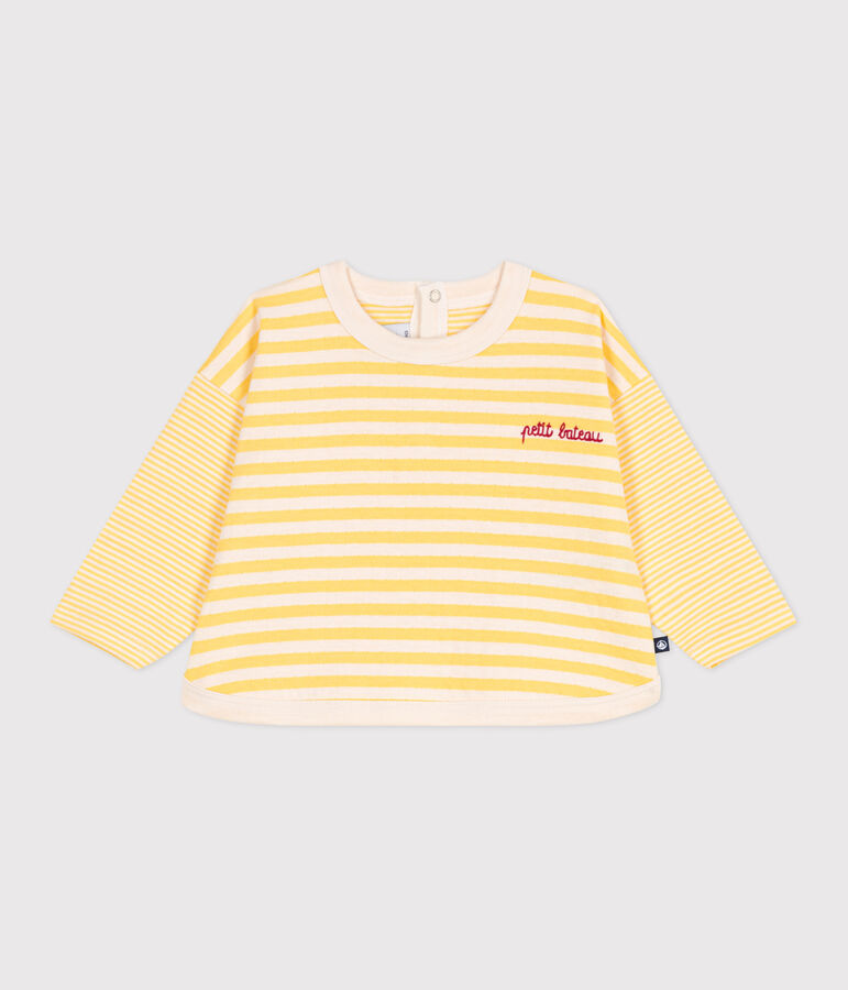 Babies' long sleeved stripy cotton T-shirt yellow/ecru