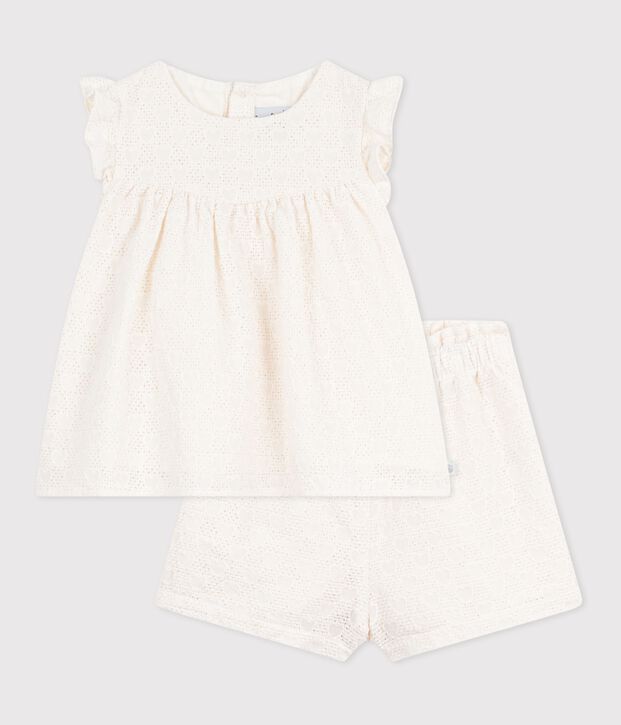Babies' 2-piece outfit in broderie anglaise, hearts design white