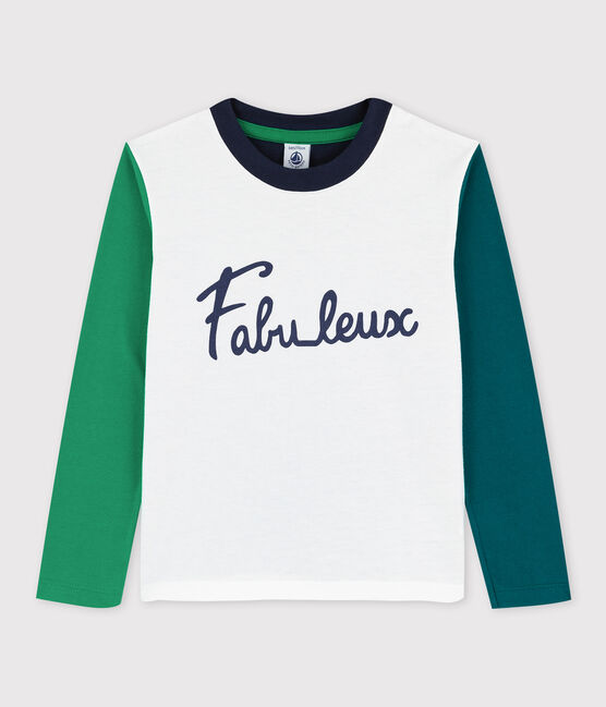 Boys' Long-Sleeved Cotton T-Shirt MARSHMALLOW white/MULTICO white