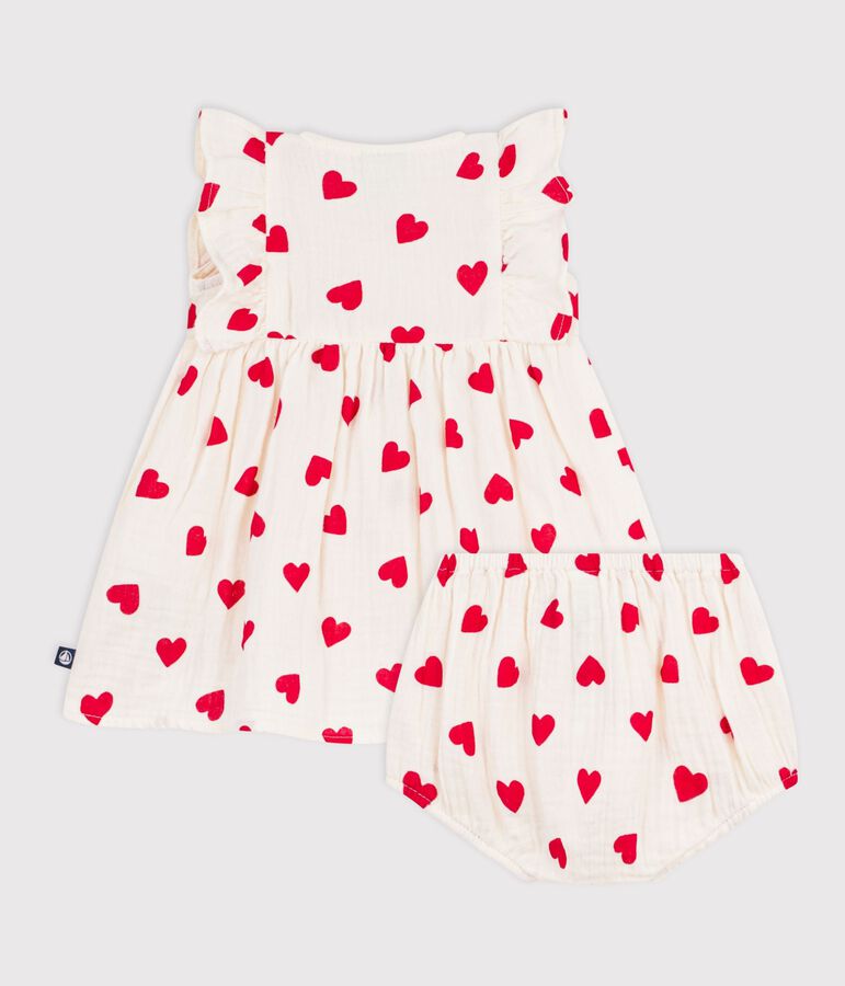 Babies' cotton baby dress with bloomers, printed with hearts Ecru/red