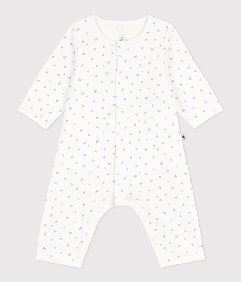 Babies' footless heart print cotton bodyjamas MARSHMALLOW blue/FLO