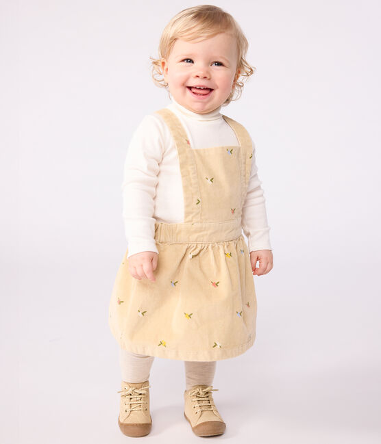 Babies' corduroy dress embroidered with flowers CAJOU beige/MULTICO