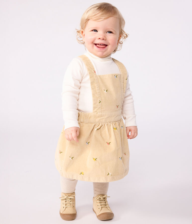 Babies' corduroy dress embroidered with flowers beige/multicolor