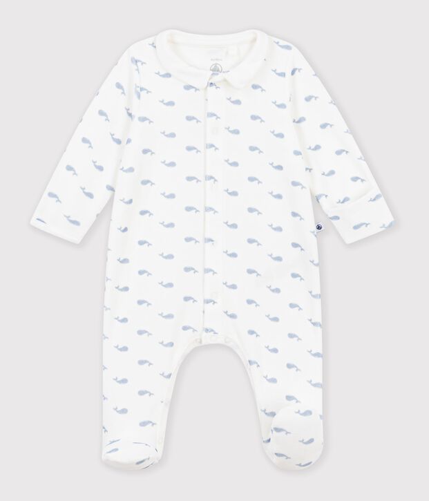 Babies' whale-print velour pyjama suit with a collar blue/blue