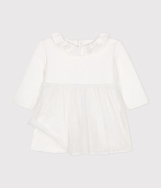 Babies' dress in tube knit and tulle MARSHMALLOW white/ARGENT grey