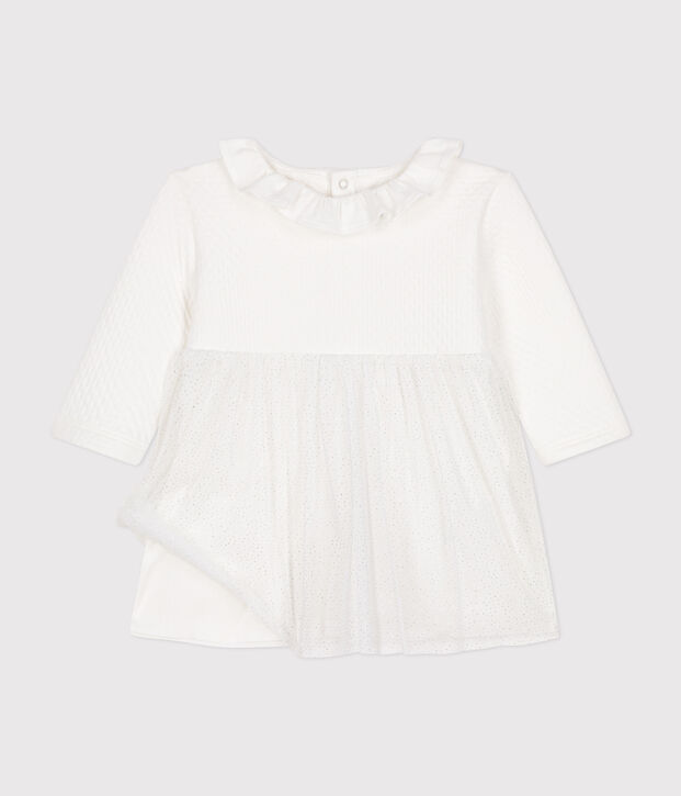 Babies' dress in tube knit and tulle white/grey