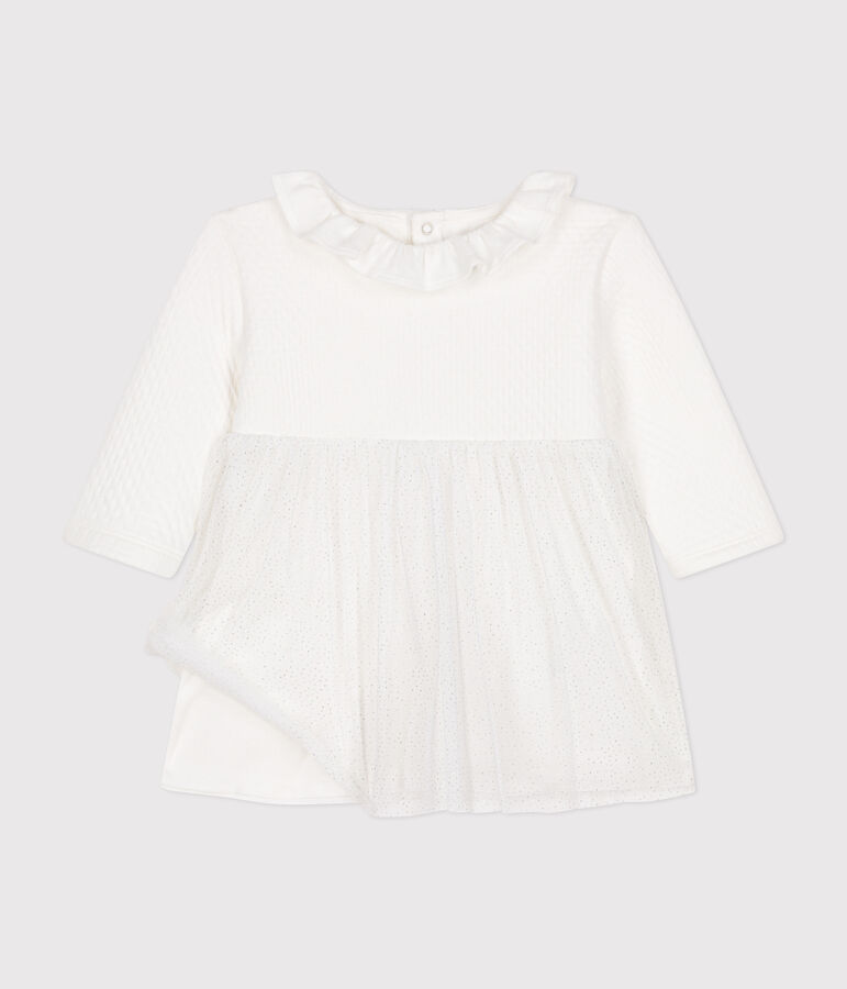 Babies' dress in tube knit and tulle white/grey