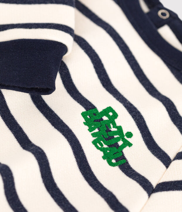 Babies' long fleece jumpsuit Ecru/blue