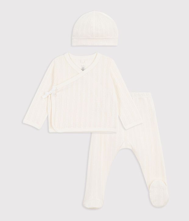 Babies' long 3-piece openwork cotton outfit and hat MILK