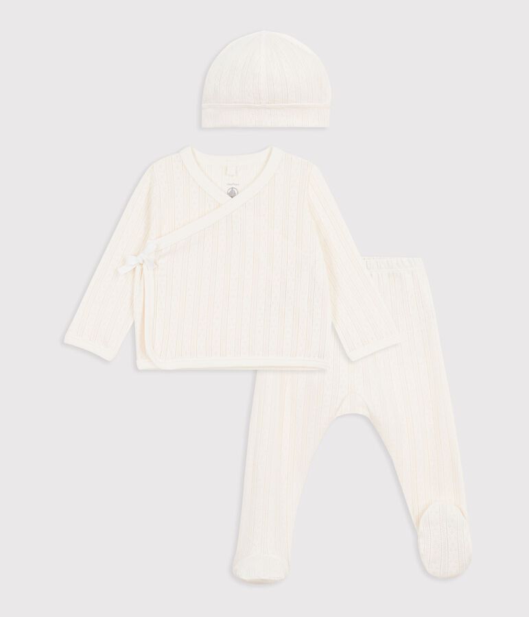 Babies' long 3-piece openwork cotton outfit and hat Ecru