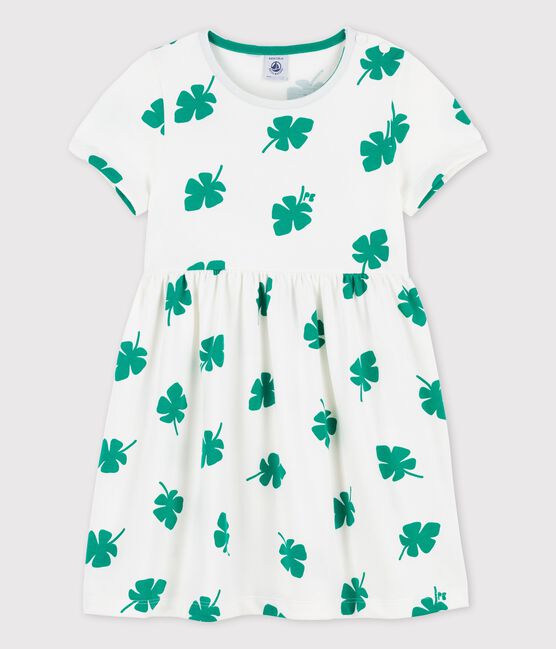 Girls' Short-Sleeved Fleece Dress MARSHMALLOW white/GAZON green