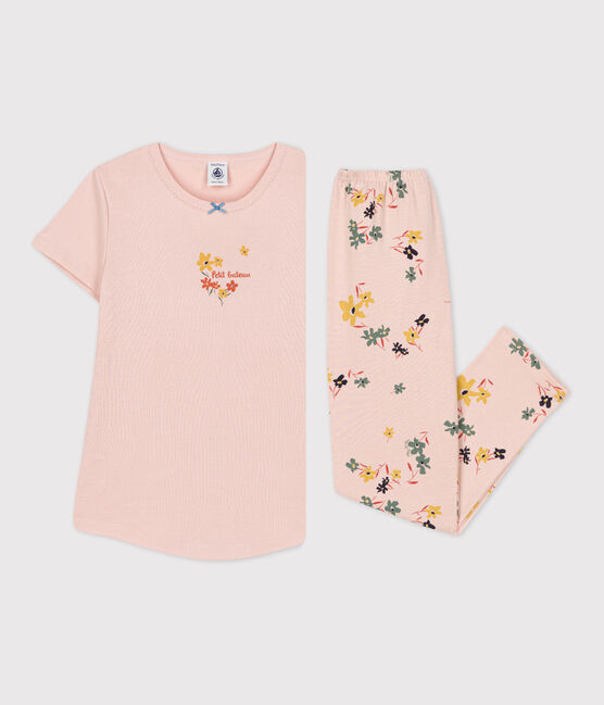 Girls' Floral Short-Sleeved Cotton Pyjamas SALINE pink/MULTICO white
