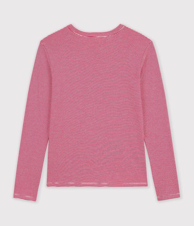 Women's long-sleeved stripy cotton T-shirt red/white