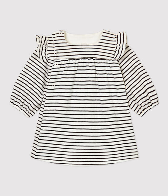 Baby Girls' Striped Organic Cotton Dress MARSHMALLOW white/SMOKING blue