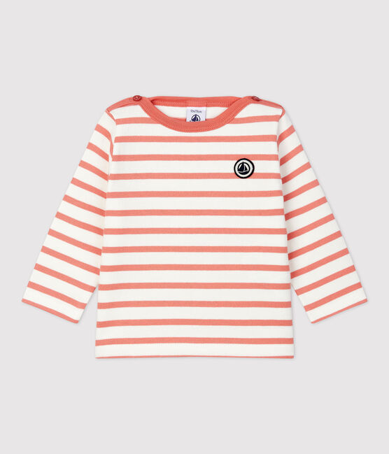 Babies' Thick Cotton Jersey Breton Top MARSHMALLOW white/PAPAYE
