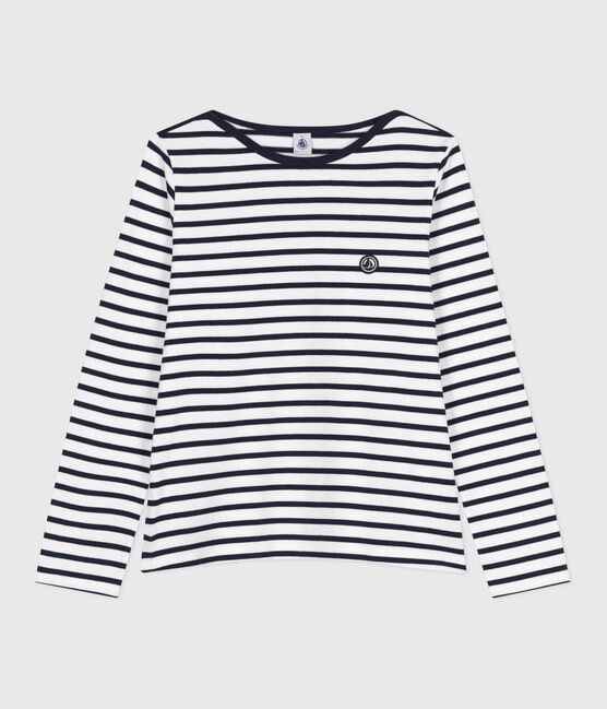 Women's long-sleeved cotton Breton top MARSHMALLOW white/SMOKING blue