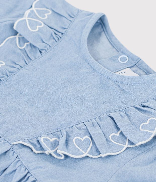 Short-sleeved chambray baby dress embroidered with hearts blue
