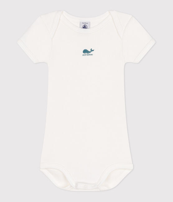 Babies' short-sleeved plain cotton body MARSHMALLOW white
