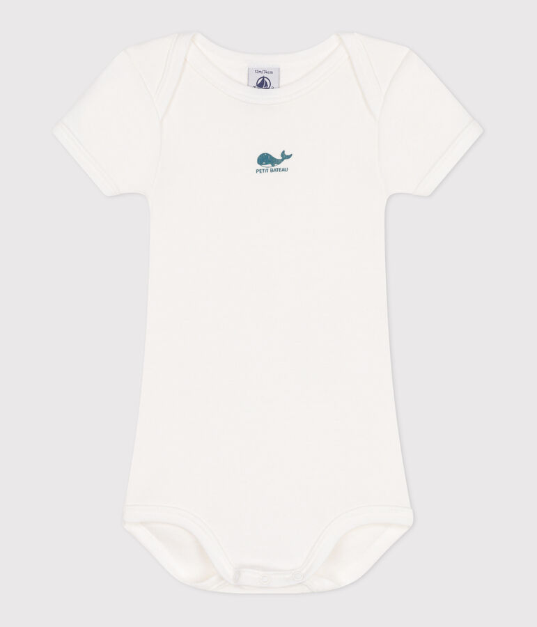 Babies' short-sleeved plain cotton body MARSHMALLOW white