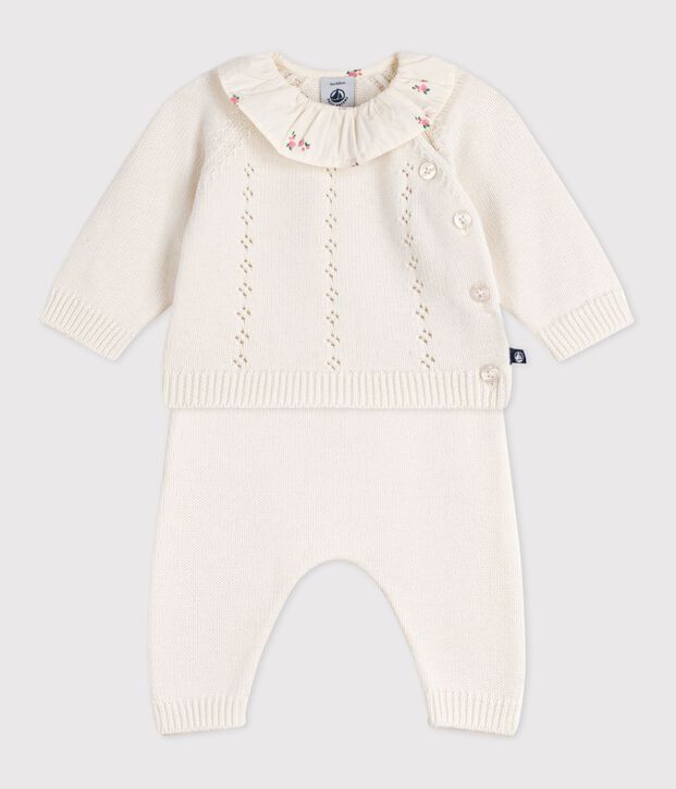 Babies' 2-piece set in wool and cotton with a flower-patterned ruff white