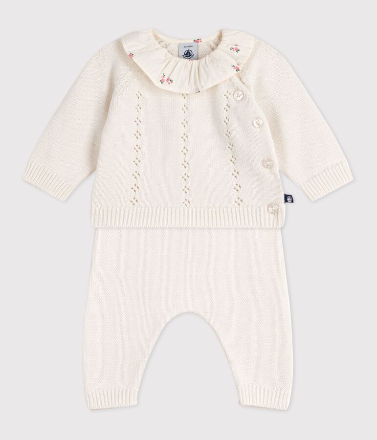 Babies' 2-piece set in wool and cotton with a flower-patterned ruff MARSHMALLOW white