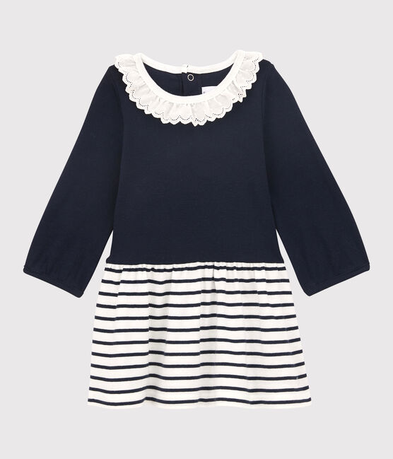 Baby girl's long-sleeved dress MARSHMALLOW white/SMOKING blue
