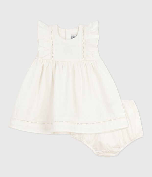 Babies' plain and embroidered sleeveless cotton dress with matching bloomers white